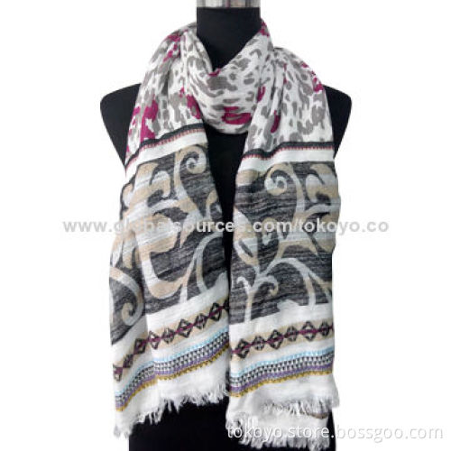 Viscose scarf with jacquard ends, screen printing for middle, 180*70+1.5cm, animal mix color